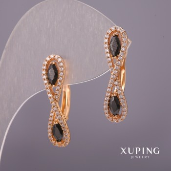 Xuping Earrings with White Crystals and Black Stones 6×25 mm 18K Gold Plating