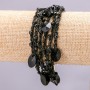 Bracelet with metal chain and carabiner clasp on macrame thread, black faceted round stones