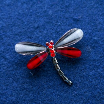 Brooch Dragonfly with crystals, silver-tone metal 32×43 mm