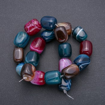 Colorful agate beads on a beading line, natural stone, faceted brick/bar, 20×15 mm, 38 cm long (±)