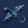 Dragon brooch-pendant, silver-toned metal with blue enamel and blue and petrol rhinestones 90x78 mm +