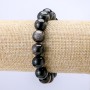 Bracelet with natural obsidian stone, silver-toned smooth beads, 12 mm diameter, length 18 cm +