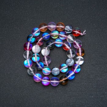Opal glass beads on thread, chameleon flower-color assortment, smooth round beads, 10 mm diameter, 38 cm length +