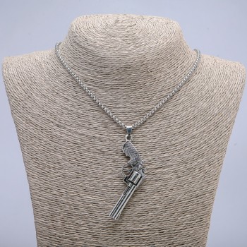 Pendant 'Revolver' 65x25 mm on a chain, length 70 cm, silver-toned metal
