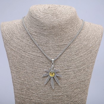 Pendant Hemp Leaf with Dragon Eye, 38×55 mm, on a chain, 65 cm long, silver metal color