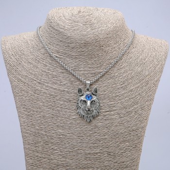 Wolf Talisman Pendant with Blue Eye, 29x47 mm on chain, 65 cm length, silver-tone