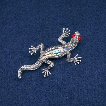 Lizard Brooch with Chalcedony, Red Crystals, Silver Metal 66x35mm +