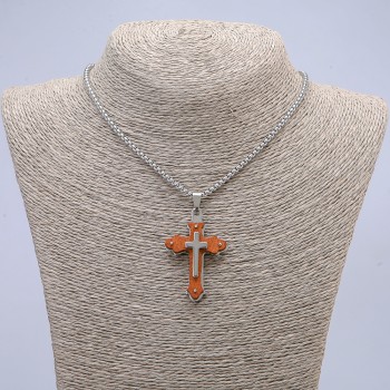 Pendant Cross 50x30mm on chain, length 65cm, silver-tone metal, wood
