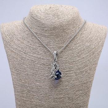 Dragon Head Pendant Blue Sphere 22x51mm on chain, 65 cm length, silver metal color