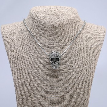 Pendant 'Skull' 36x22 mm on a chain, length 70 cm, silver-toned metal