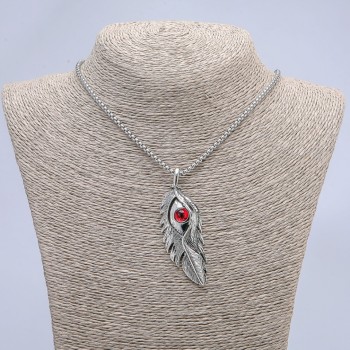 Pendant 'Feather with Dragon Eye' 65x23mm on chain, length 70cm +/- silver-toned metal