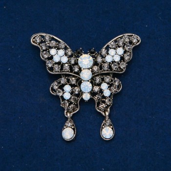 Butterfly Brooch with White Matte and Gray Crystals, Dark Silver Metal, 35x48mm +
