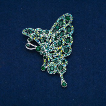 Butterfly Brooch with Green and Petrol Crystals, Gold-Tone Metal 75x50 mm +