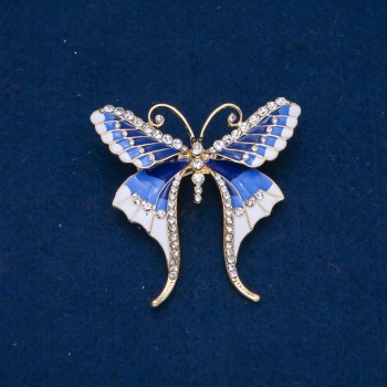 Butterfly Brooch with White Crystals, Light Blue and White Enamel, Gold-Tone Metal 48x50mm +