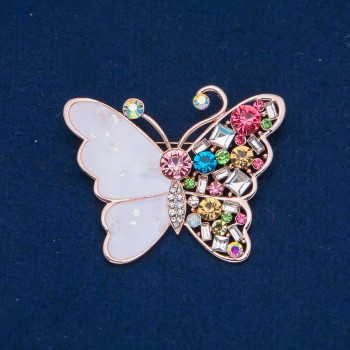 Brooch Butterfly, gold-tone metal, enamel, multicolored crystals 47x58 mm +