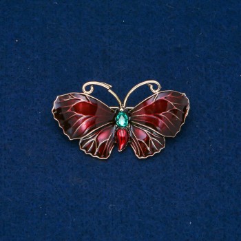 Butterfly Brooch, gold-toned metal, enamel, green rhinestone, 48×27 mm +