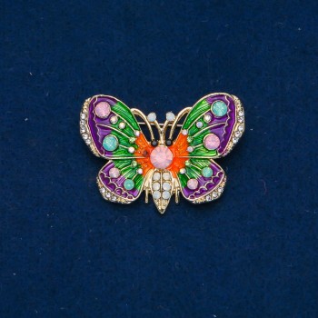 Butterfly Brooch in gold-tone metal, enamel, pink, green and white crystals, 44x30mm+