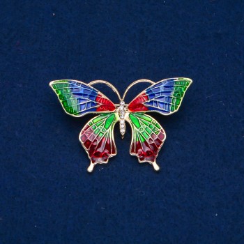 Butterfly Brooch in gold-toned metal, enamel, and white crystals 30x50mm+