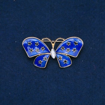 Butterfly Brooch in Gold-Tone Metal, Enamel, and White Rhinestone 48x24mm +