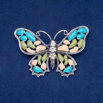 Brooch Butterfly, silver-tone metal, enamel and white crystals, 48x70 mm +