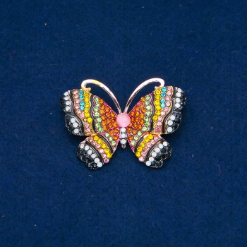 Butterfly Brooch, gold-tone metal, multicolored rhinestones and bead 34x45 mm +