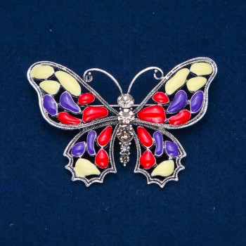 Butterfly Brooch in Silvery Metal, Enamel, and White Crystals, 48×70 mm +