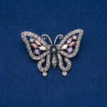 Butterfly Brooch with Gold-Tone Metal and Crystals, Gray, Purple, Pink and Yellow, 38x52mm +