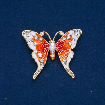 Butterfly Brooch in Gold-Tone Metal, Enamel, and White Rhinestones 43×52 mm +