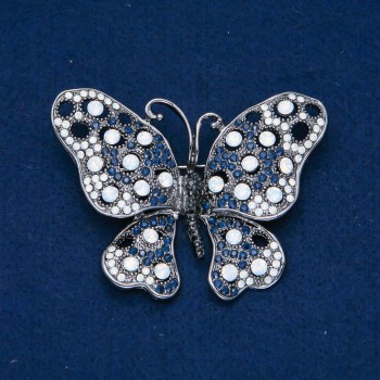 Brooch Butterfly, silver metal, black, blue and white rhinestones, 50×66 mm +