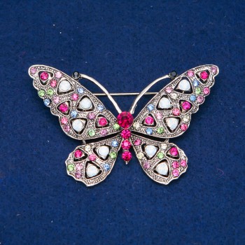 Butterfly Brooch in Gold-Tone Metal, Multicolored Rhinestones 46×70mm +