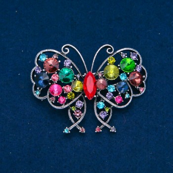 Butterfly Brooch, silver-tone metal, multicolored rhinestones, 48x60mm