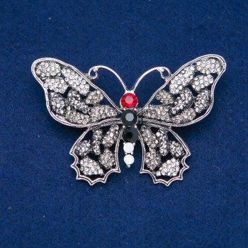 Butterfly Brooch in Silver-Colored Metal with Grey, White and Red Crystals, 50x70 mm +