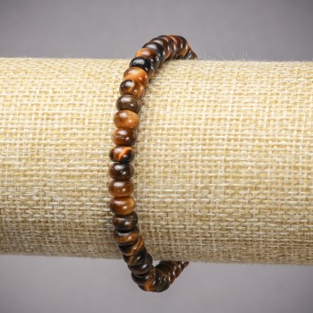 Elastic bracelet with natural Tiger's Eye stone, smooth rondel beads, diameter 6x4 mm, length 18 cm