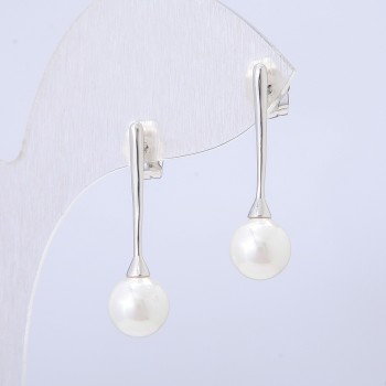 Xuping Earrings - Rhodium-Plated Stud Earrings with White Bead, 28mm Length