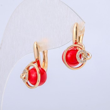 Earrings Xuping 18K Gold Plated with White Crystals and Red Bead, Diameter 18x10 mm +