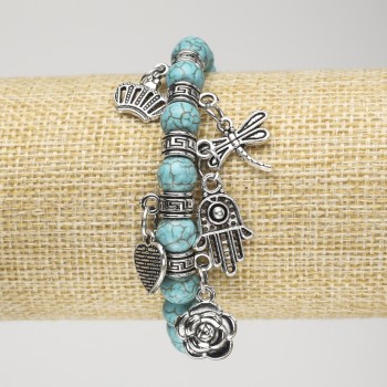 Turquoise Bead Bracelet (Imitation) on Elastic, 8 mm Diameter, with Silver Inserts and Pendants, Length 18 cm+