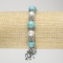 Turquoise Bead Bracelet (elastic) with 10 mm diameter ±, featuring artificial pearls, silver-tone inserts, and Elephant pendant, length 18 cm+