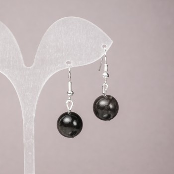 Earrings in Silvery Obsidian, smooth ball, 12 mm diameter, 33 mm length