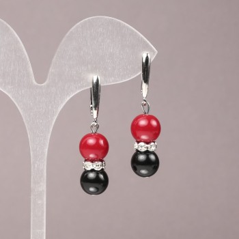 Earrings with Synthetic Coral and Pressed Agate, White Crystal Accents, Smooth Beads, 10 mm Diameter, 42 mm Length