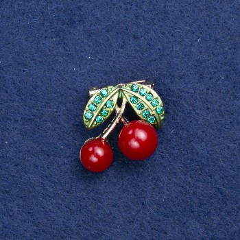 Brooch 'Cherries' in gold-tone metal, enamel and crystals, 22x20 mm +