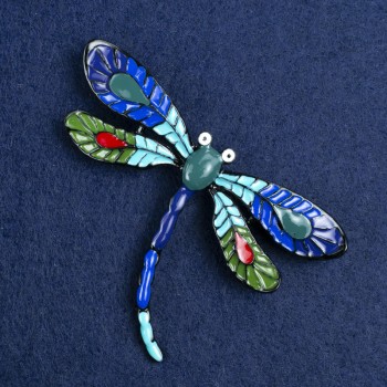 Dragonfly Brooch in Silver-Toned Metal and Enamel 70×50 mm +