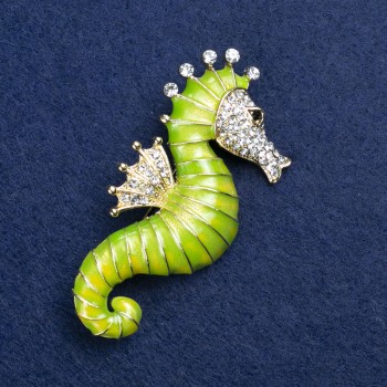 Seahorse Brooch gold-tone metal, enamel and rhinestones 30x64mm +