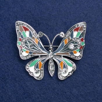 Brooch 'Butterfly' in silver-colored metal, enamel and crystals 54x45 mm +