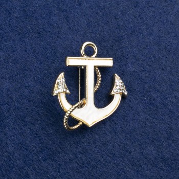 Anchor brooch in gold-tone metal, with mother-of-pearl and crystals, 30x28 mm +
