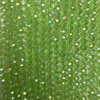 Beads Czech crystal on fishing line light-green transparent with petrol finish faceted rondelle, diameter 8x6.5 mm + -, length 40-4