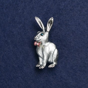 Brooch 'Bunny with Bow' in Silver-Colored Metal 45×20mm + Enamel and Crystals
