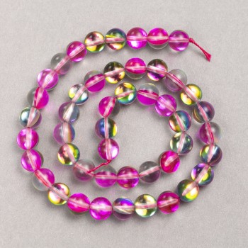Opal Glass Beads on Thread, Raspberry Transparent, Smooth Round Bead, 8 mm Diameter, 39 cm Length