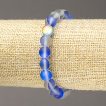 Elastic bracelet with opal glass smooth bead, blue transparent matte, 8 mm diameter