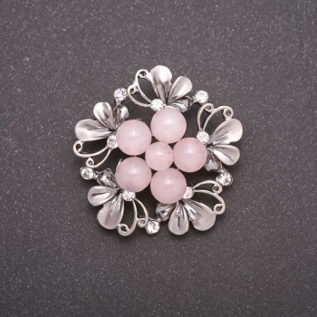 Boutonniere-style Brooch with Natural Pink Quartz, Gray Metal Color, 40mm
