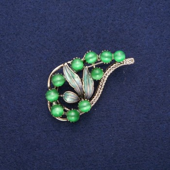 Брошка Гілочка з Зеленим Котячим Оком і емаллю, золотистий метал 28х52мм